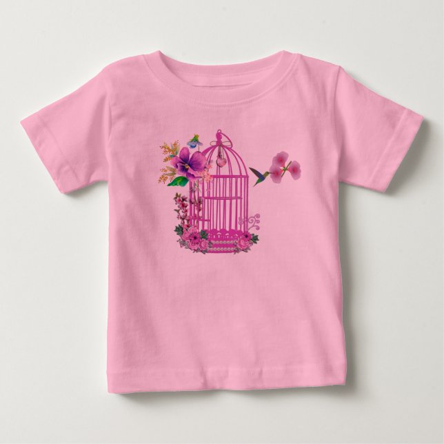 T-shirt Pour Bébé Cage à oiseaux florale rose (Devant)