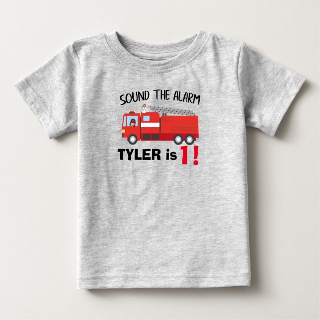 T-shirt Pour Bébé camion d'anniversaire/petit pompier personnalisé (Devant)