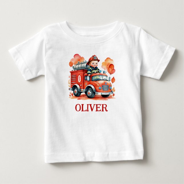 T-shirt Pour Bébé Camion de pompiers mignon et pompier (Devant)