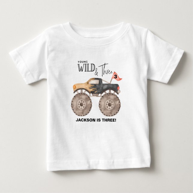 T-shirt Pour Bébé Camion monstre 3e anniversaire Young Wild and TROI (Devant)