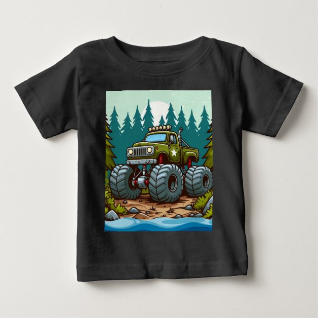 T-shirt Pour Bébé Camion monstre vert dans la forêt (Devant)