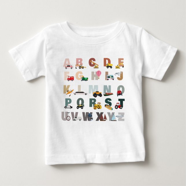 T-shirt Pour Bébé Camions ABC Alphabet Mignon, Véhicules de Transpor (Devant)