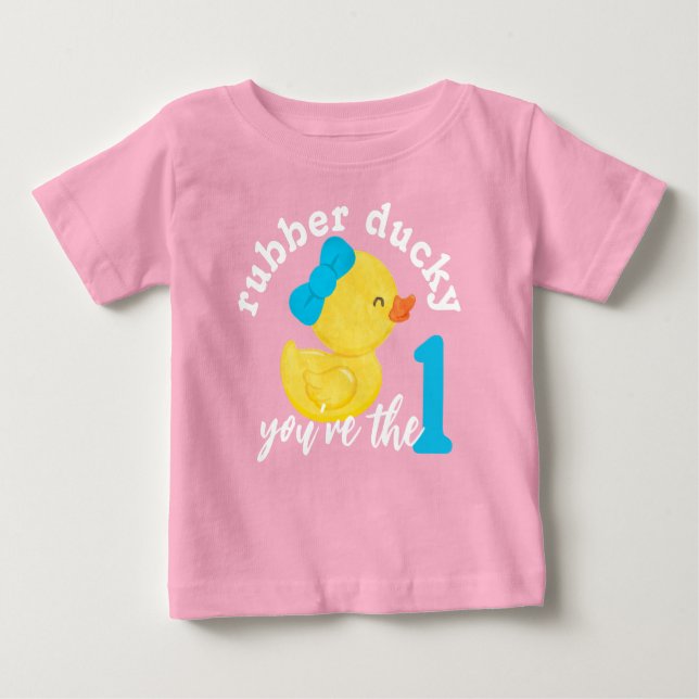 T-shirt Pour Bébé Canard en caoutchouc rose, tu es le premier annive (Devant)
