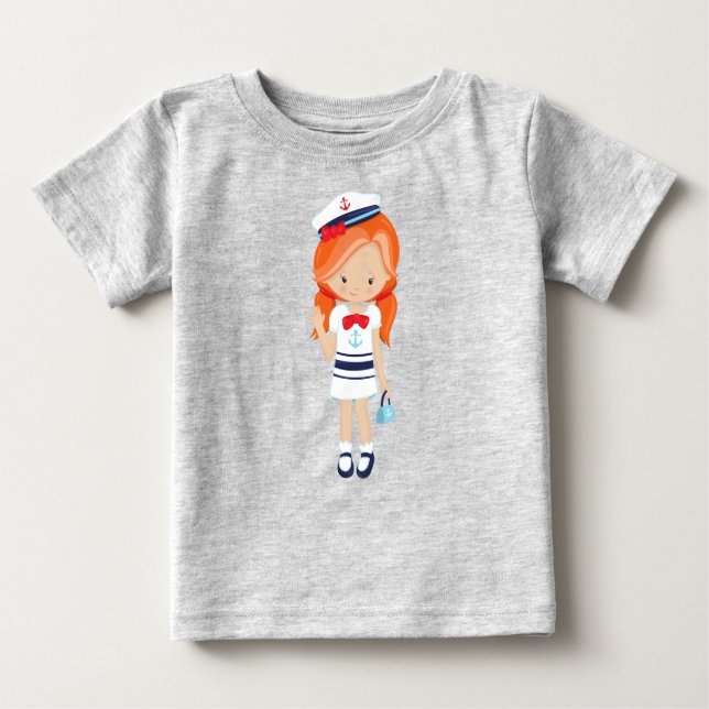 T-shirt Pour Bébé Capitaine de Bateau, Skipper, Jolie Fille, Cheveux (Devant)