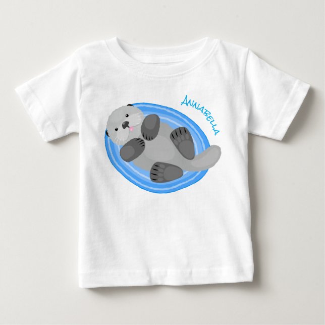 T-shirt Pour Bébé Caricature bleu loutre de mer joyeux (Devant)
