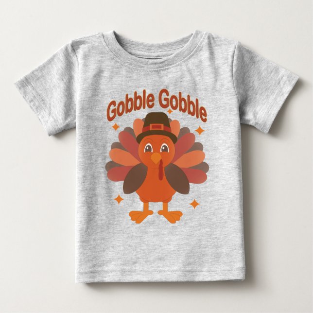 T-shirt Pour Bébé Caricature de Turquie Thanksgiving - "Gobble Gobbl (Devant)