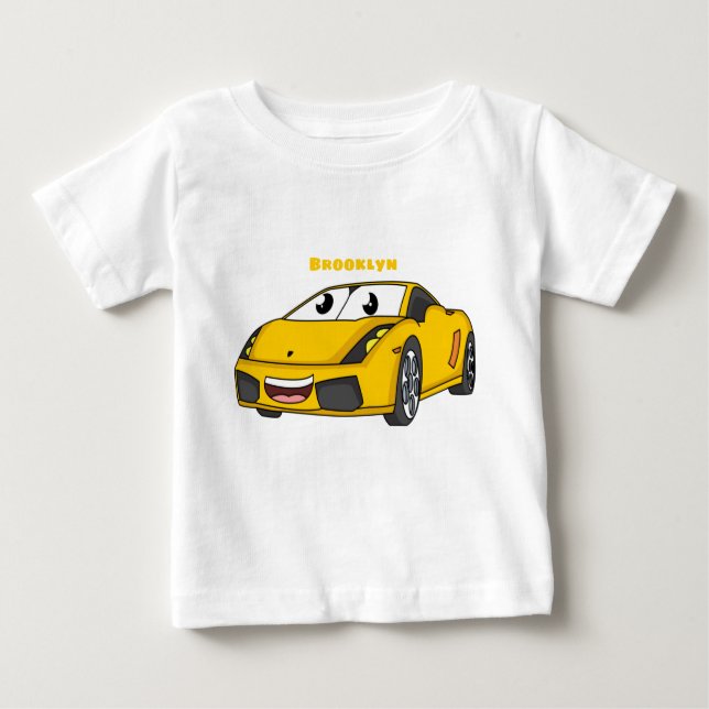 T-shirt Pour Bébé Caricature de voiture sport jaune joyeux (Devant)