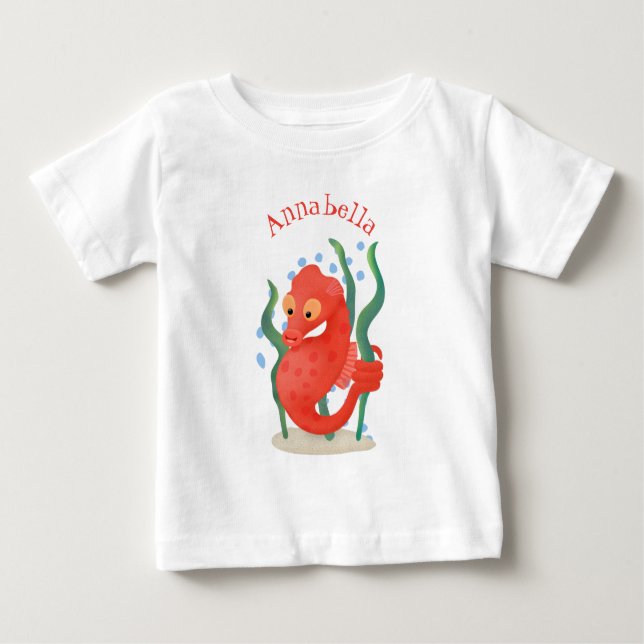 T-shirt Pour Bébé Caricature d'hippocampe rouge mignon (Devant)