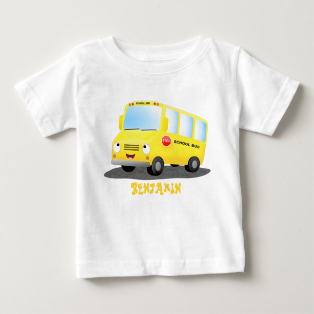 T-shirt Pour Bébé Caricature du bus scolaire jaune joyeux (Devant)