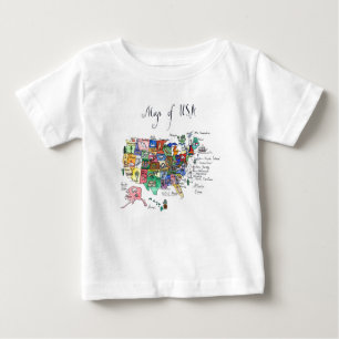 T-shirt Pour Bébé Carte des attractions des Etats-Unis d'Amérique