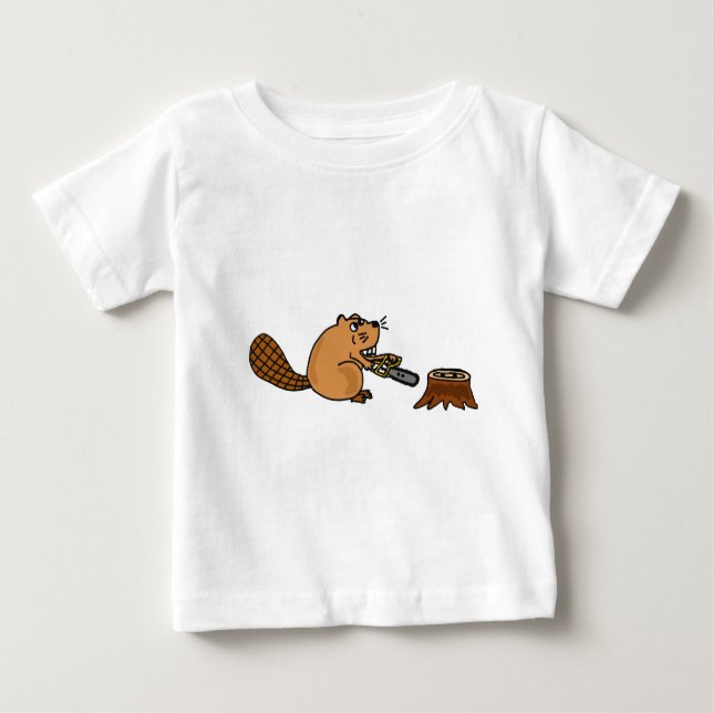 T-shirt Pour Bébé Castor de pointe drôle avec la tronçonneuse (Devant)