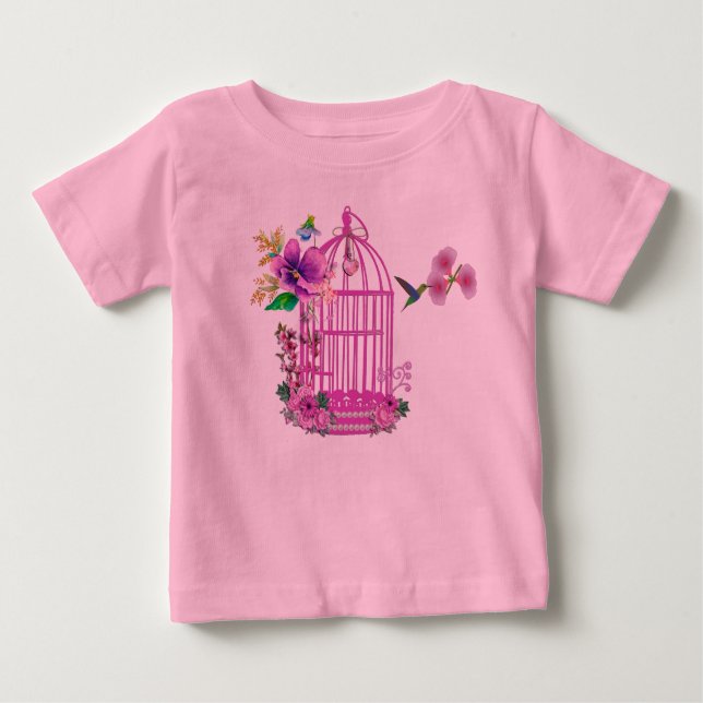 T-shirt Pour Bébé Ccage à oiseaux rose (Devant)