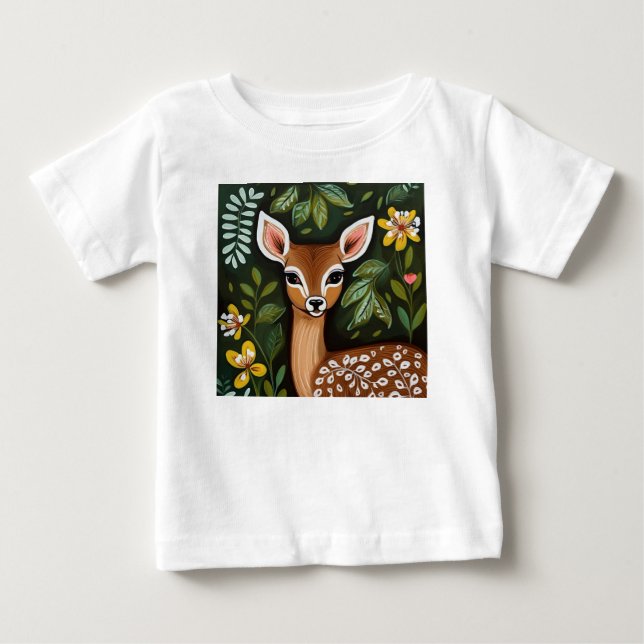 T-shirt Pour Bébé Cerf mignon avec Feuilles et fleurs (Devant)