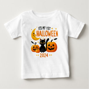 T-shirt Pour Bébé C'est mon 1er Halloween Citrouille Chat Noir