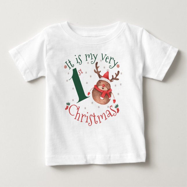 T-shirt Pour Bébé C'est mon tout premier renne d'aquarelle de Noël  (Devant)