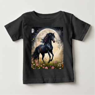 T-shirt Pour Bébé Champ de fleur de lune de cheval noir,