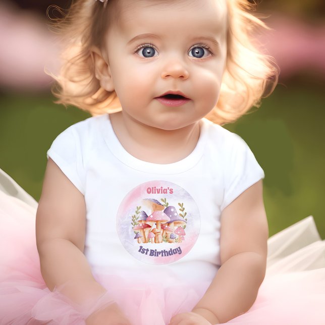 T-shirt Pour Bébé Champignons violets roses automne 1er anniversaire (Pink Purple Mushrooms Fall 1st Birthday Girl Baby T-Shirt)