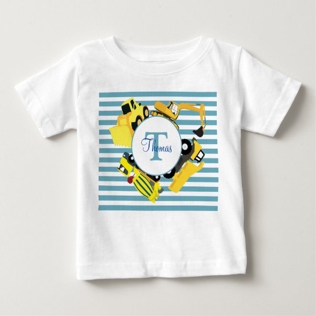T-shirt Pour Bébé Chariots de construction Bleu rayures Monogramme (Devant)