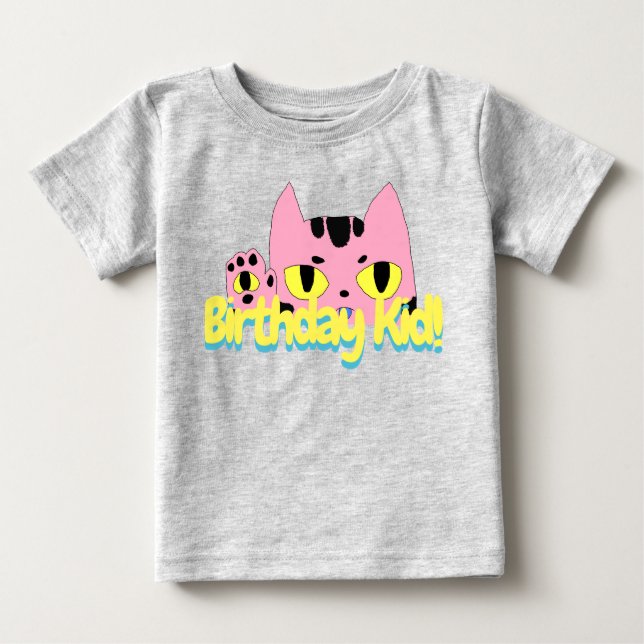T-shirt Pour Bébé Chat Alien Pocket Anniversaire Enfant Pink Cartoon (Devant)