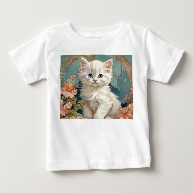 T-shirt Pour Bébé Chat blanc de style Alphonse Mucha (Devant)