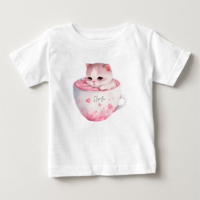 T-shirt Pour Bébé Chat blanc-rose mignonne dans une tasse de thé (3) (Devant)
