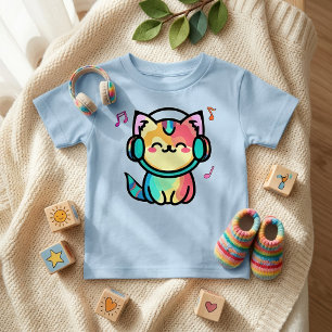T-shirt Pour Bébé Chat de dessin animé kawaii souriant avec casque
