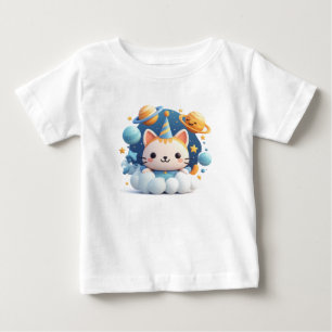 T-shirt Pour Bébé Chat de dessin animé mignon sur un nuage avec un c
