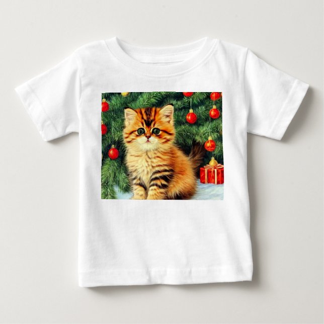 T-shirt Pour Bébé Chat de Noël Vintage (Devant)