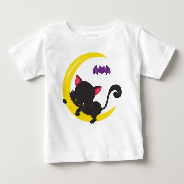 T-shirt Pour Bébé Chat d'Halloween, Chat mignon, Chat noir, Lune, Ch (Devant)