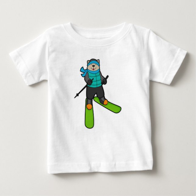 T-shirt Pour Bébé Chat en Skier avec Ski (Devant)
