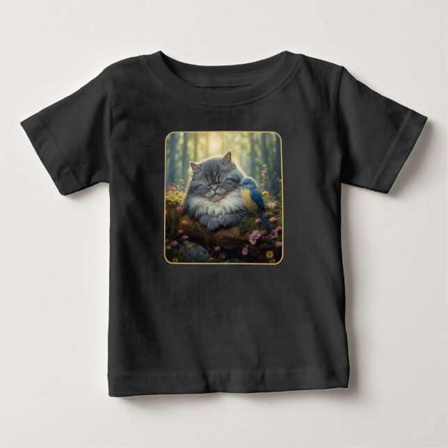 T-shirt Pour Bébé Chat et oiseau dans une nature sereine (Devant)