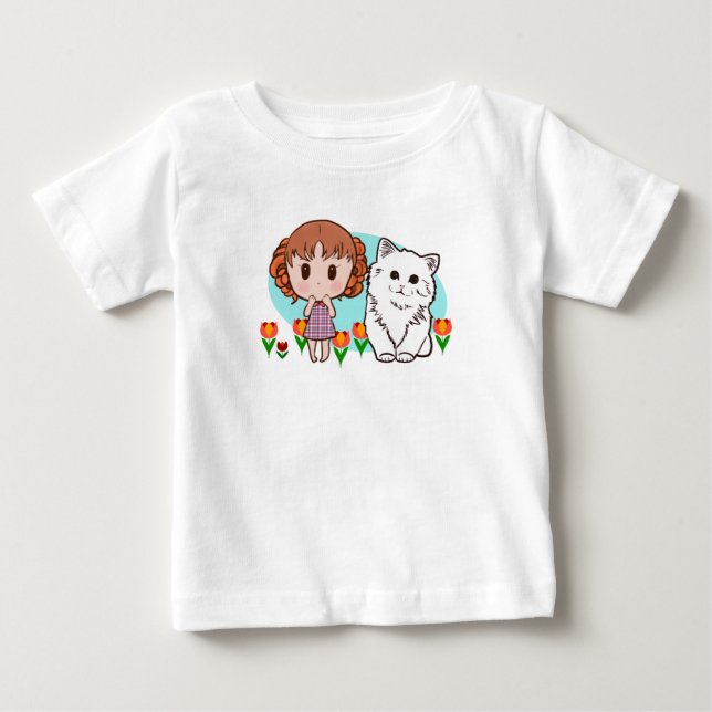 T-shirt Pour Bébé chat, fille et tulipes (Devant)