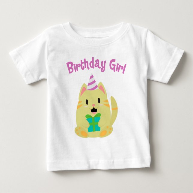T-shirt Pour Bébé Chat Jaune Douce Fille Anniversaire (Devant)