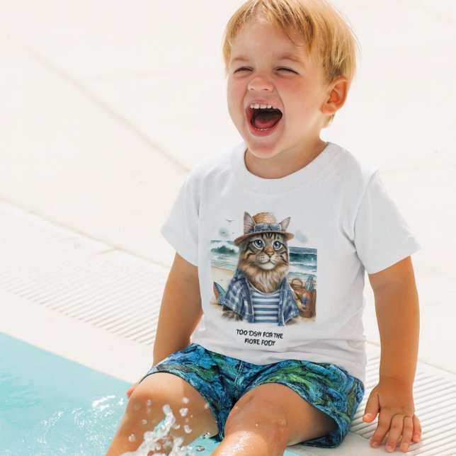 T-shirt Pour Bébé Chat Kitty Cool à la Plage  (Fun in the sun , toddler or baby boy swim t-shirt.  "too cool for the kiddie pool")
