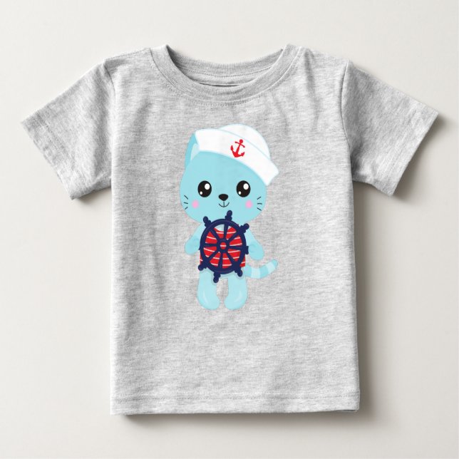 T-shirt Pour Bébé Chat marin, Casquette marin, Capitaine de bateau,  (Devant)