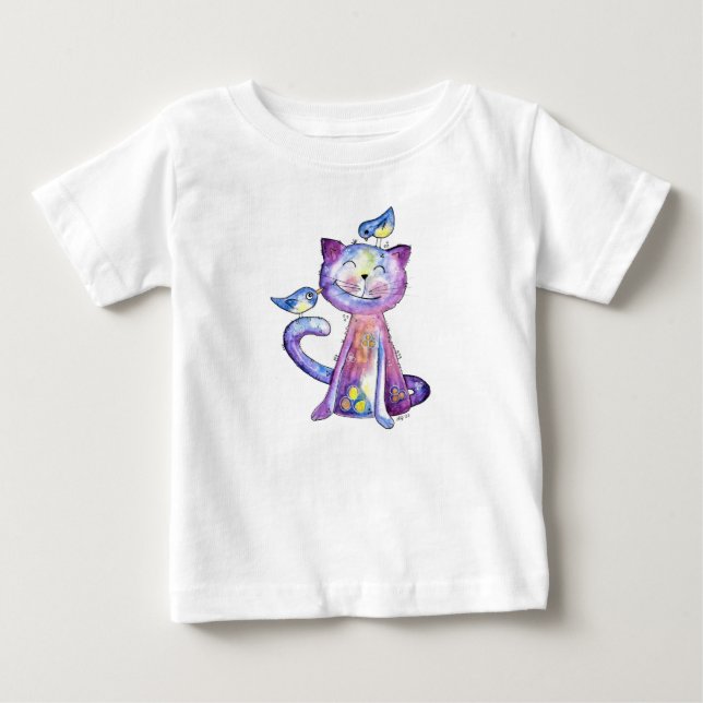 T-shirt Pour Bébé Chat mignon blanc violet avec oiseaux (Devant)