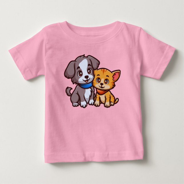 T-shirt Pour Bébé Chat mignonne et chien pour amoureux des animaux (Devant)