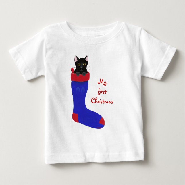 T-shirt Pour Bébé Chat noir à Noël Stocker Premier Noël (Devant)