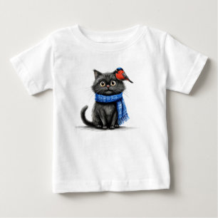 T-shirt Pour Bébé Chat Noir Adorable et Oiseau Bébé Dessin Animé Mig