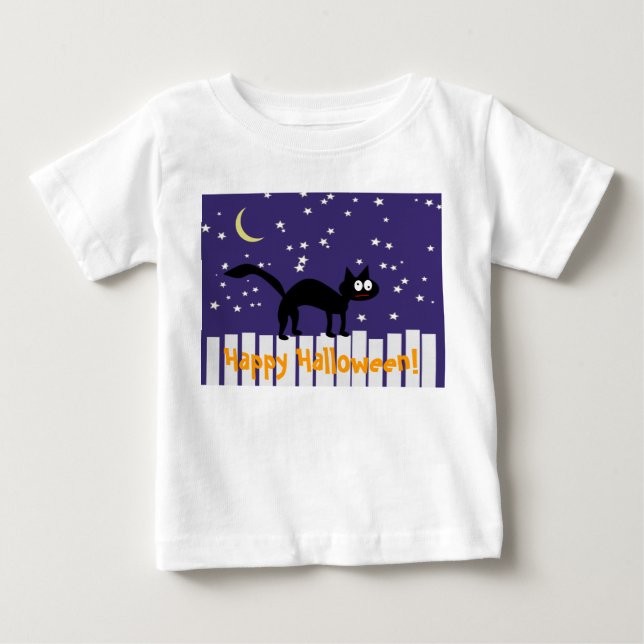 T-shirt Pour Bébé Chat noir d'Halloween sur clôture (Devant)