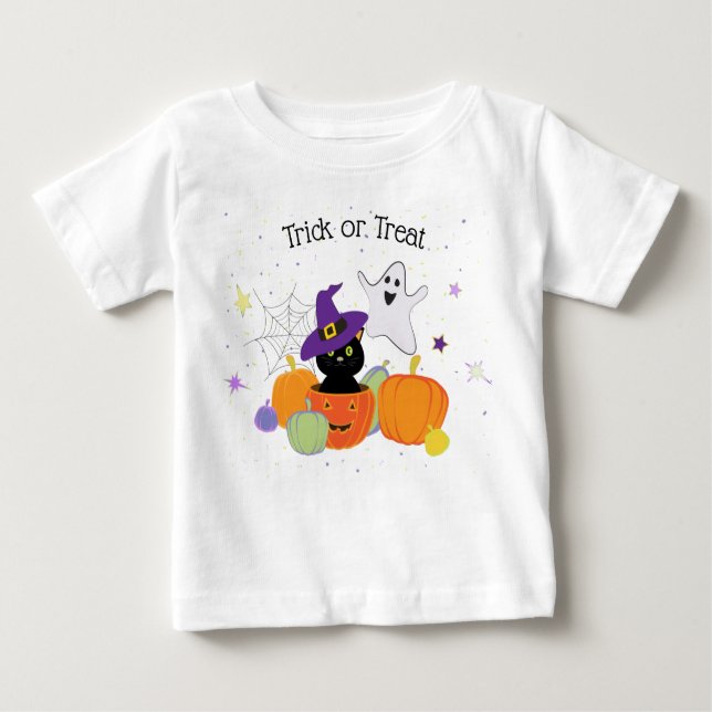 T-shirt Pour Bébé Chat noir et Citrouille d'Halloween (Devant)