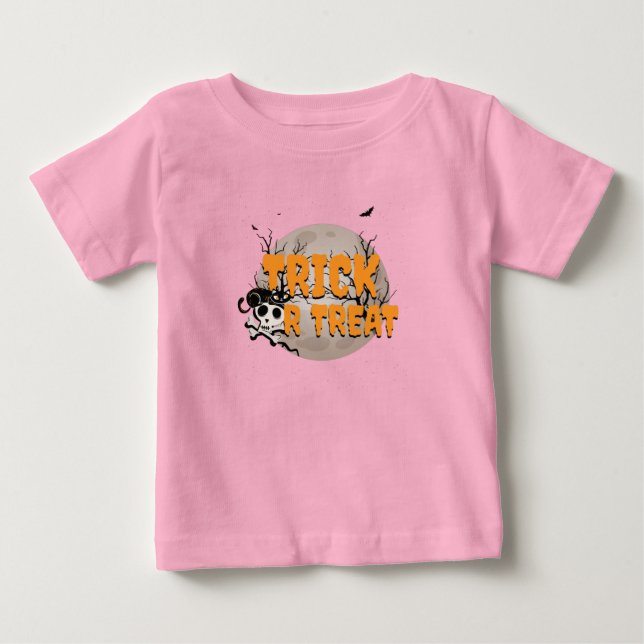 T-shirt Pour Bébé Chat noir et crâne Trick or Treat Halloween (Devant)