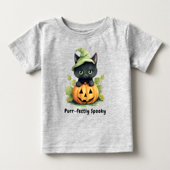 T-shirt Pour Bébé Chat noir Halloween Citrouille Cute Éffrayante (Devant)