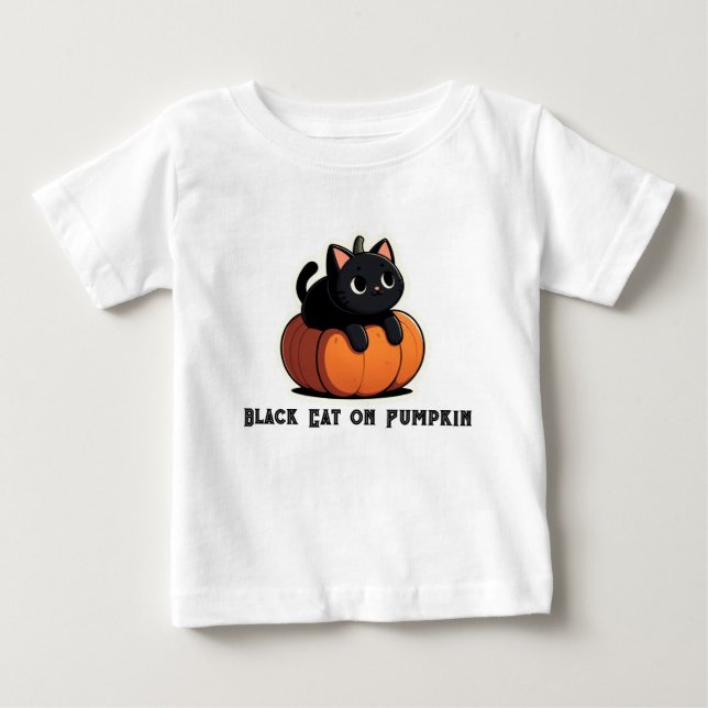 T-shirt Pour Bébé Chat noir sur Citrouille (Devant)