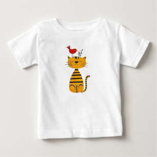 T-shirt Pour Bébé Chat rayé mignon et oiseau rouge Art