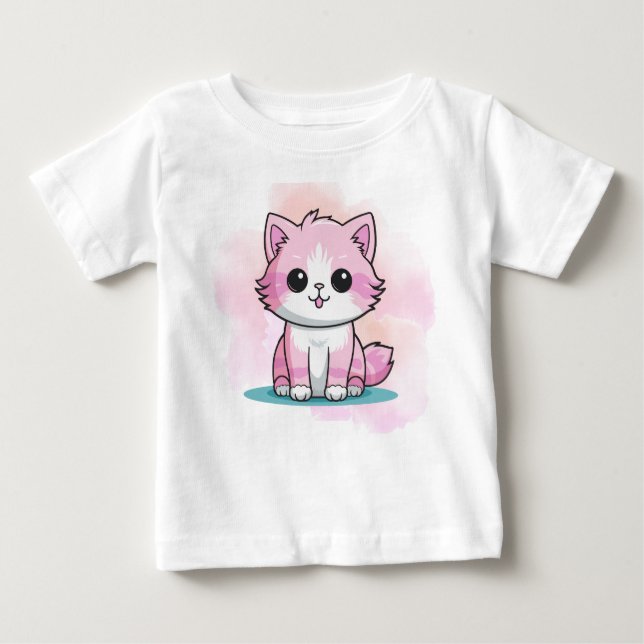 T-shirt Pour Bébé Chat rose mignon aquarelle dessin animé animal de  (Devant)