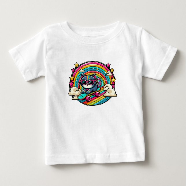 T-shirt Pour Bébé Chat sur un Baby Skateboard (Devant)