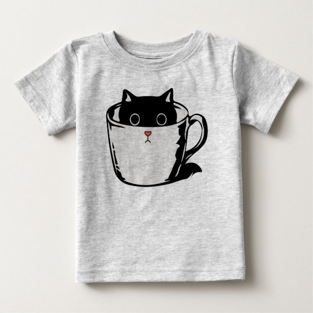 T-shirt Pour Bébé Chaton noir avec nez rouge caché dans une tasse (Devant)