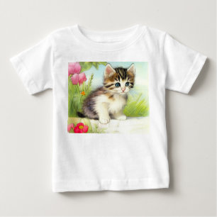 T-shirt Pour Bébé Chaton vintage blanc et marron avec des fleurs