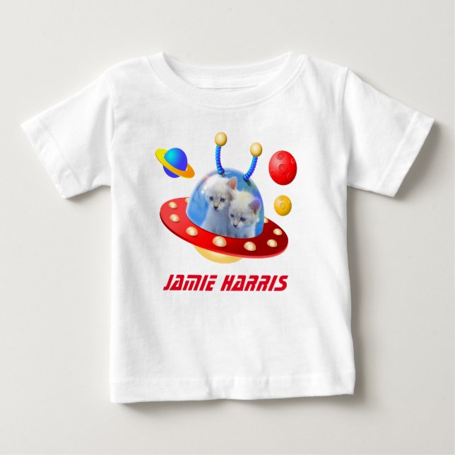 T-shirt Pour Bébé Chatons jumeaux chats en OVNI SciFi Saucer (Devant)